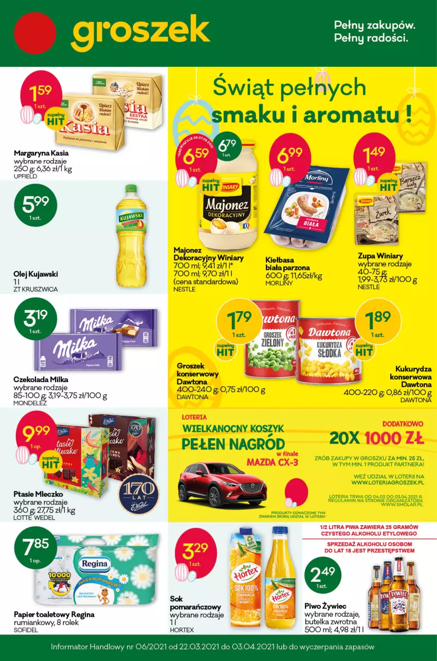 Gazetka promocyjna Groszek - Gazetka - ważna 22.03 do 03.04.2021 - strona 1 - produkty: Czekolada, Fa, Gin, Groszek, Hortex, Kasia, Kosz, Kujawski, Margaryna, Milka, Mleczko, Olej, Papier, Papier toaletowy, Piwo, Ptasie mleczko, Rum, Ser, Sok, Top, Winiary, Zupa