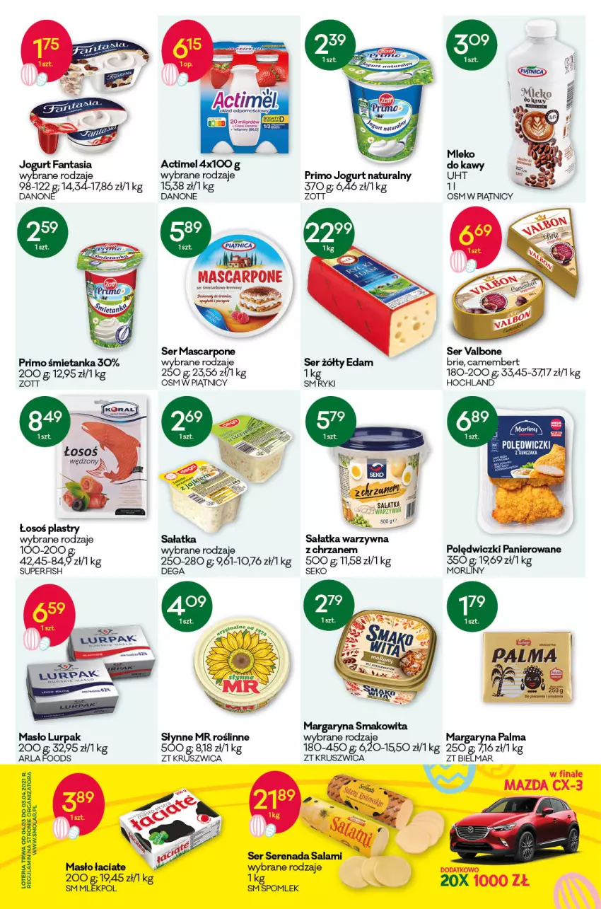 Gazetka promocyjna Groszek - Gazetka - ważna 22.03 do 03.04.2021 - strona 3 - produkty: Actimel, Brie, Camembert, Chrzan, Danone, Dega, Edam, Fa, Fanta, Hochland, Jogurt, Lurpak, Margaryna, Mascarpone, Masło, Mola, Morliny, Palma, Polędwiczki panierowane, Salami, Sałat, Sałatka, SEKO, Ser, Słynne, Słynne MR Roślinne, Smakowita, Zott