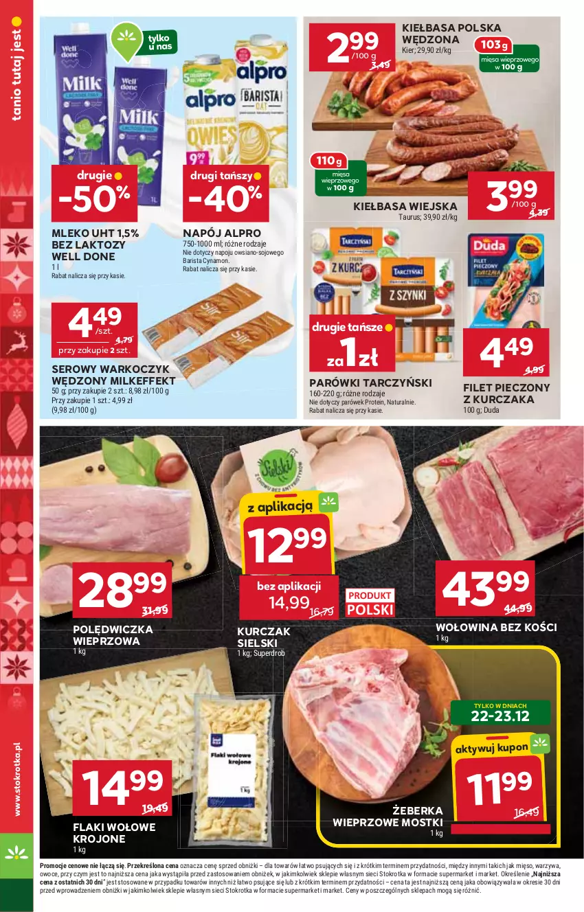 Gazetka promocyjna Stokrotka - Market - ważna 22.12 do 28.12.2025 - strona 14 - produkty: Alpro, Duda, Flaki, Flaki wołowe, Kiełbasa, Kiełbasa wiejska, Koc, Kurczak, Mięso, Mleko, Napój, Owoce, Parówki, Piec, Polędwiczka wieprzowa, Ser, Tarczyński, Warzywa, Wołowina, Wołowina bez kości