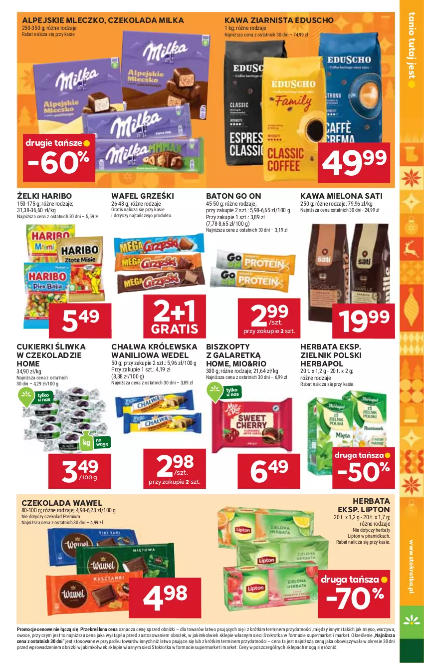 Gazetka promocyjna Stokrotka - Market - ważna 22.12 do 28.12.2025 - strona 17 - produkty: Baton, Biszkopty, Chałwa, Cukier, Cukierki, Czekolada, Gala, Gra, Grześki, Haribo, Herbapol, Herbata, Kawa, Kawa mielona, Kawa ziarnista, Lipton, Mięso, Milka, Mleczko, Owoce, Sati, Warzywa, Wawel
