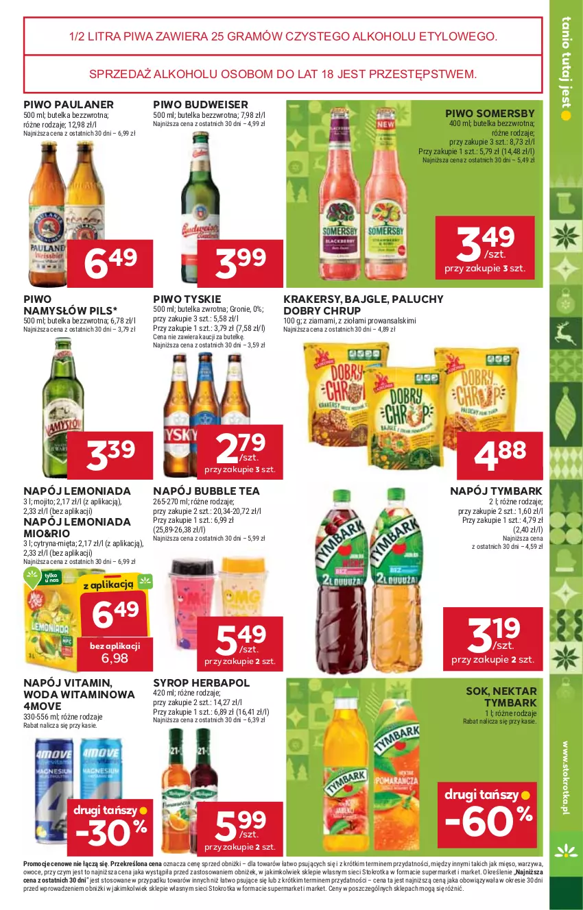 Gazetka promocyjna Stokrotka - Market - ważna 22.12 do 28.12.2025 - strona 19 - produkty: Bajgle, Gra, Herbapol, Krakersy, Lemoniada, Mięso, Mięta, Namysłów, Napój, Nektar, Owoce, Piwa, Piwo, Ser, Sok, Somersby, Syrop, Tymbark, Tyskie, Warzywa, Woda