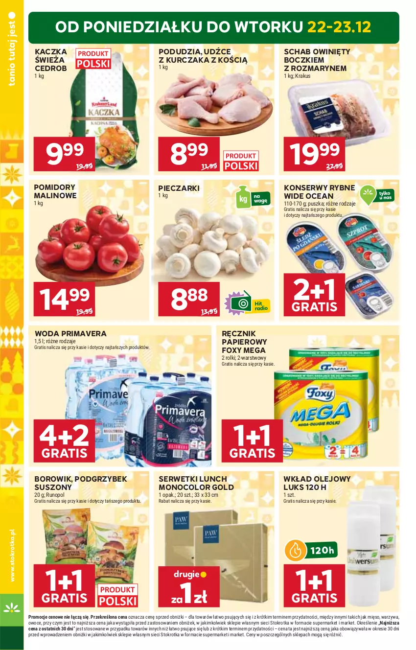 Gazetka promocyjna Stokrotka - Market - ważna 22.12 do 28.12.2025 - strona 4 - produkty: Foxy, Gra, Kaczka, Krakus, Kurczak, Mięso, Olej, Owoce, Papier, Piec, Pomidory, Prima, Primavera, Ręcznik, Rolki, Ser, Serwetki, Warzywa, Wkład olejowy, Woda
