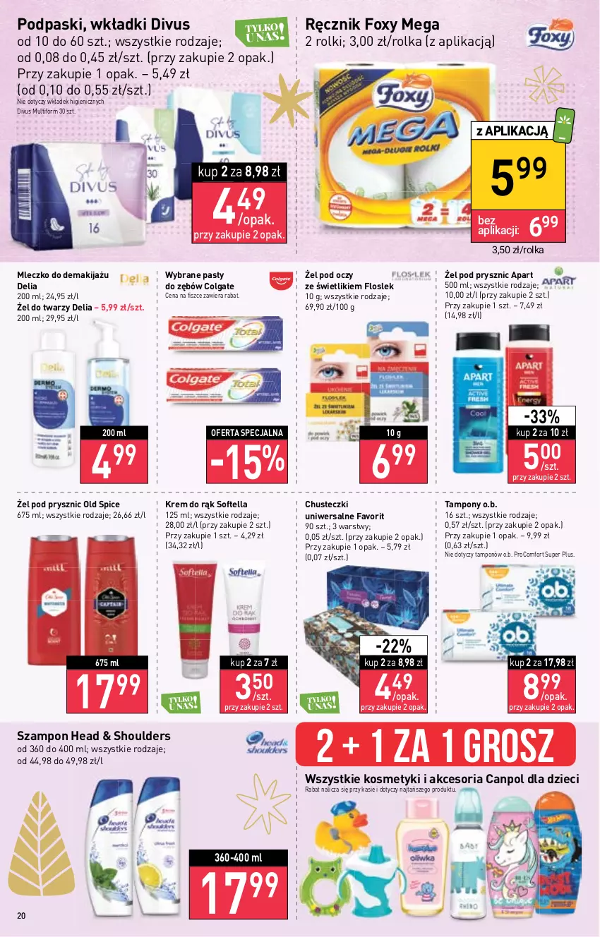 Gazetka promocyjna Stokrotka - Supermarket - ważna 22.12 do 28.12.2022 - strona 20 - produkty: Canpol, Chusteczki, Colgate, Dzieci, Fa, Foxy, Krem do rąk, LG, Makijaż, Mleczko, O.B., Old Spice, Podpaski, Ręcznik, Rolki, Szampon, Tampony, Wkładki