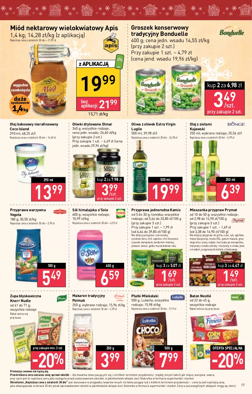 Gazetka promocyjna Stokrotka - Supermarket - ważna 07.12 do 13.12.2023 - strona 17 - produkty: Baton, Bell, Bella, Bonduelle, Czosnek, Gałka, Gin, Grill, Groszek, Isla, Kamis, Knorr, Kokos, Kotlet, Kujawski, Kurczak, Lubella, Makaron, Mięso, Miód, Mleko, Mus, Nektar, Nestlé, Olej, Olej kokosowy, Oliwa, Oliwa z oliwek, Oliwki, Olma, Owoce, Piwa, Prymat, Przyprawy, Ser, Sól, Sól himalajska, Torebka, Vegeta, Warzywa, Whisky, Zupa