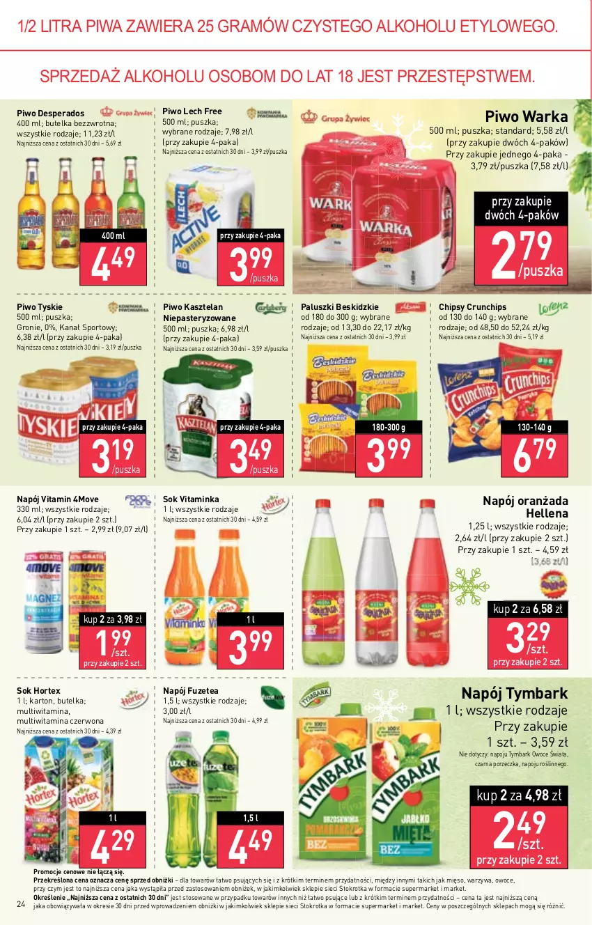 Gazetka promocyjna Stokrotka - Supermarket - ważna 07.12 do 13.12.2023 - strona 24 - produkty: Beskidzki, Chipsy, Crunchips, Desperados, Gra, Hellena, Hortex, Inka, Kasztelan, Mięso, Napój, Oranżada, Owoce, Piwa, Piwo, Por, Sok, Sport, Tymbark, Tyskie, Warka, Warzywa