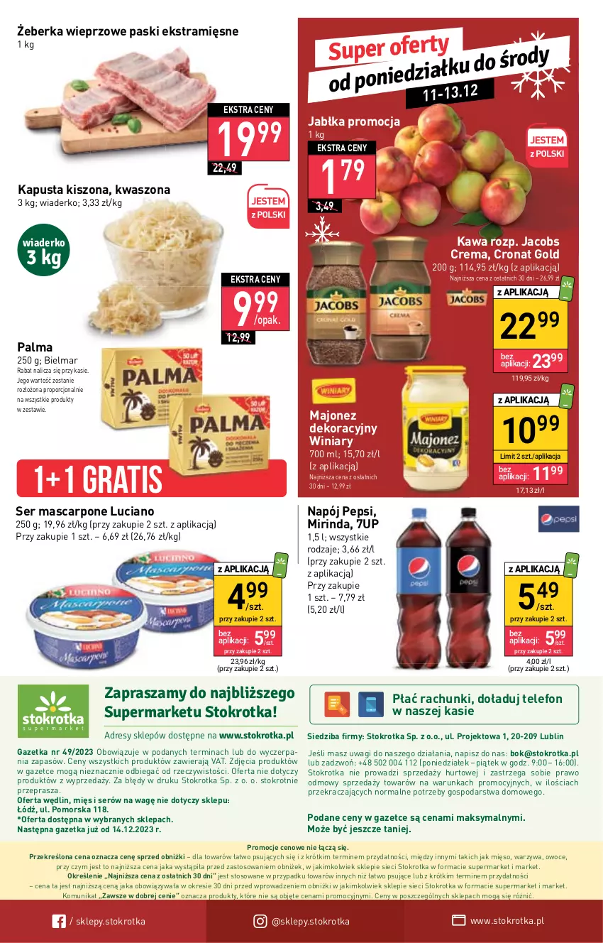 Gazetka promocyjna Stokrotka - Supermarket - ważna 07.12 do 13.12.2023 - strona 28 - produkty: 7up, Dres, Gra, Jabłka, Jacobs, Kawa, Majonez, Mascarpone, Mięso, Mirinda, Napój, O nas, Owoce, Palma, Pepsi, Por, Ser, Telefon, Wagi, Warzywa, Winiary