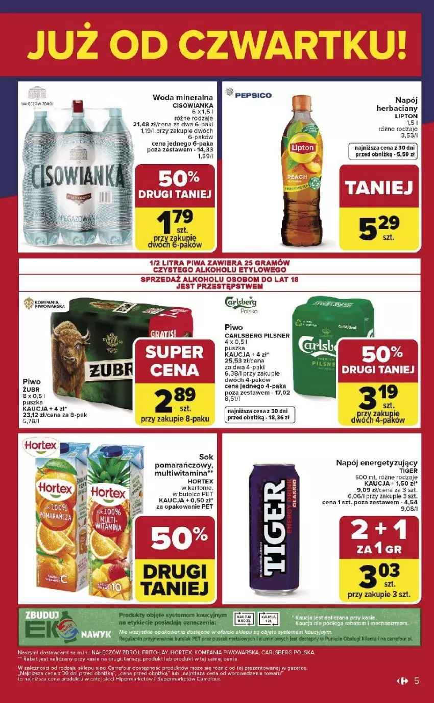 Gazetka promocyjna Carrefour - Gazetka Weekend okazji już od czwartku! - ważna 19.02 do 21.02.2026 - strona 5 - produkty: Cisowianka, Fa, Gra, Hortex, Lipton, Napój, Pepsi, Piwa, Piwo, Tiger, Woda, Woda mineralna