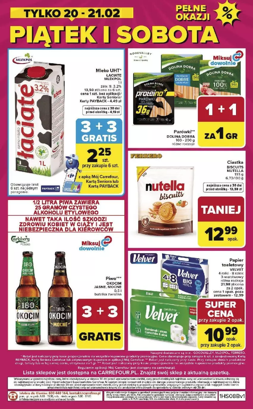 Gazetka promocyjna Carrefour - Gazetka Weekend okazji już od czwartku! - ważna 19.02 do 21.02.2026 - strona 8 - produkty: Ciastka, Fa, Gra, Koc, Królik, LG, Mleko, Nutella, Okocim, Papier, Papier toaletowy, Parówki, Piec, Piwa, Piwo, Por, Rolki, Velvet