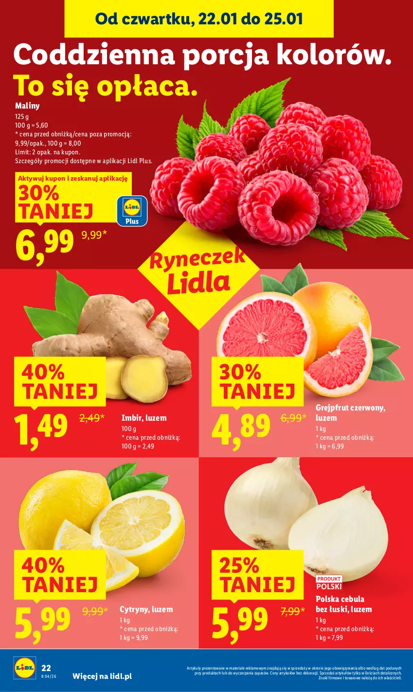 Gazetka promocyjna Lidl - GAZETKA - ważna 22.01 do 25.01.2026 - strona 22 - produkty: Cebula, Cytryny, Grejpfrut, Imbir, Maliny, Por