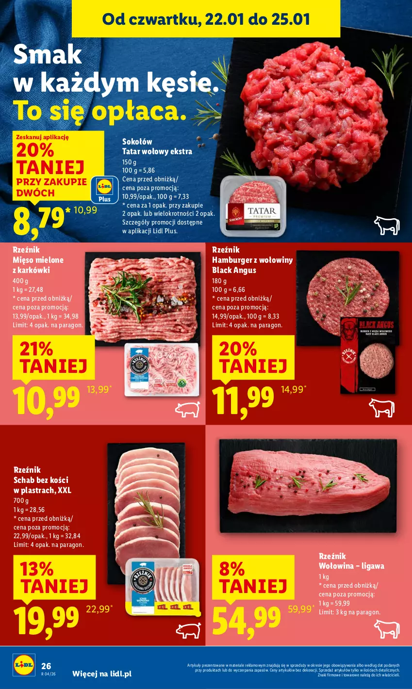 Gazetka promocyjna Lidl - GAZETKA - ważna 22.01 do 25.01.2026 - strona 26 - produkty: Burger, Hamburger, Lack, Mięso, Mięso mielone, Schab bez kości, Sok, Sokołów, Tatar wołowy, Wołowina