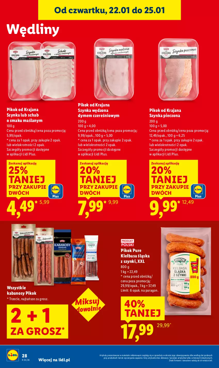 Gazetka promocyjna Lidl - GAZETKA - ważna 22.01 do 25.01.2026 - strona 28 - produkty: Kabanos, Kiełbasa, Kiełbasa śląska, Piec, PIKOK, Pur, Szynka