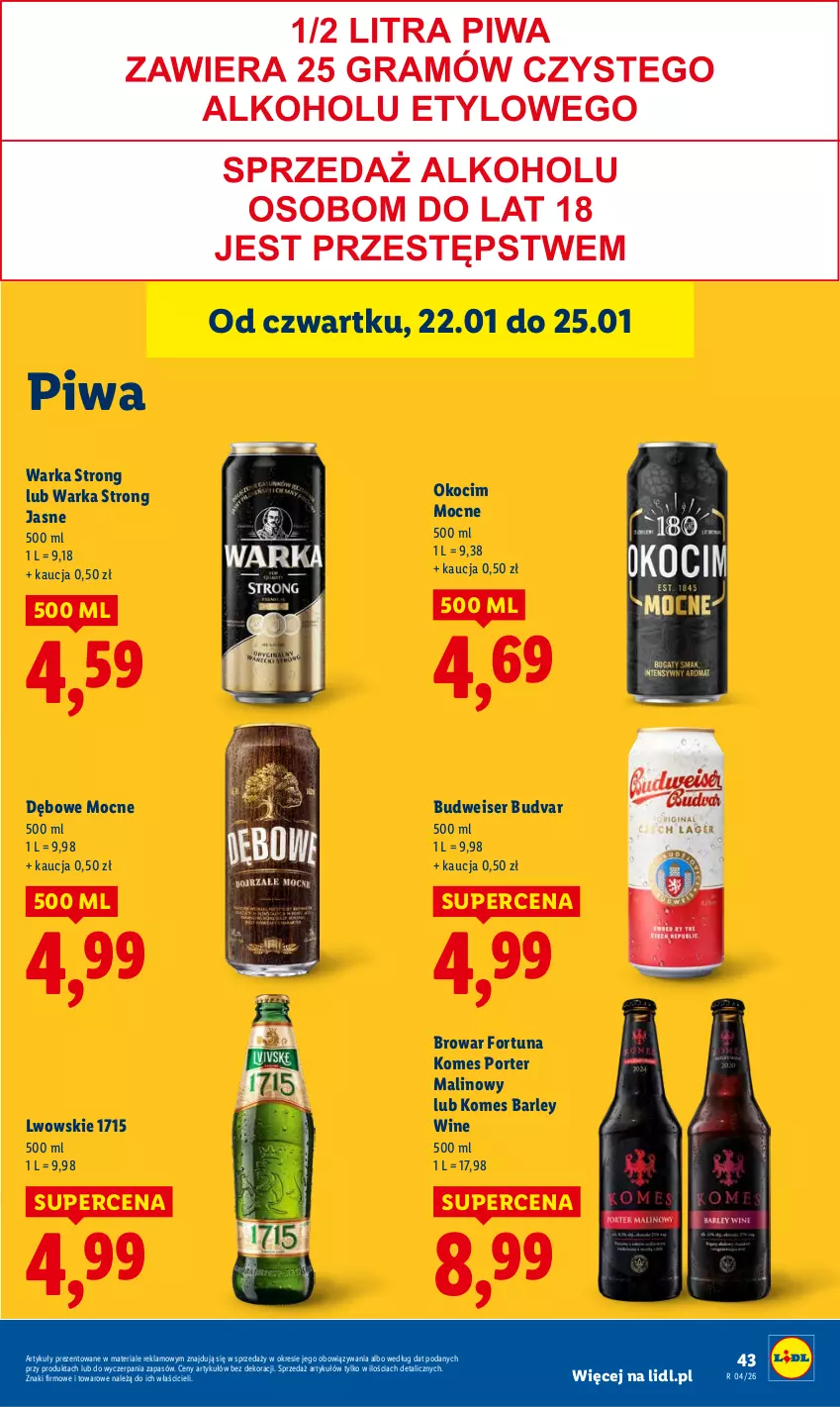 Gazetka promocyjna Lidl - GAZETKA - ważna 22.01 do 25.01.2026 - strona 43 - produkty: Fortuna, Koc, Okocim, Piwa, Por, Ser, Warka