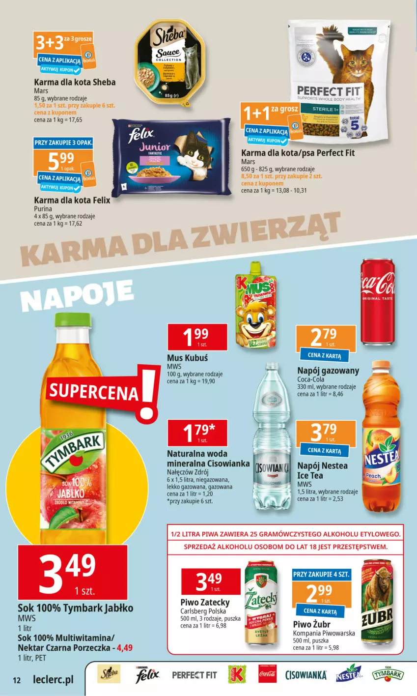 Gazetka promocyjna E Leclerc - ważna 07.10 do 12.10.2024 - strona 12 - produkty: Cisowianka, Coca-Cola, Felix, Gra, Kubuś, Mars, Mus, Napój, Napój gazowany, Nektar, Nestea, Piwa, Piwo, Por, Pur, Purina, Sheba, Sok, Woda, Woda mineralna