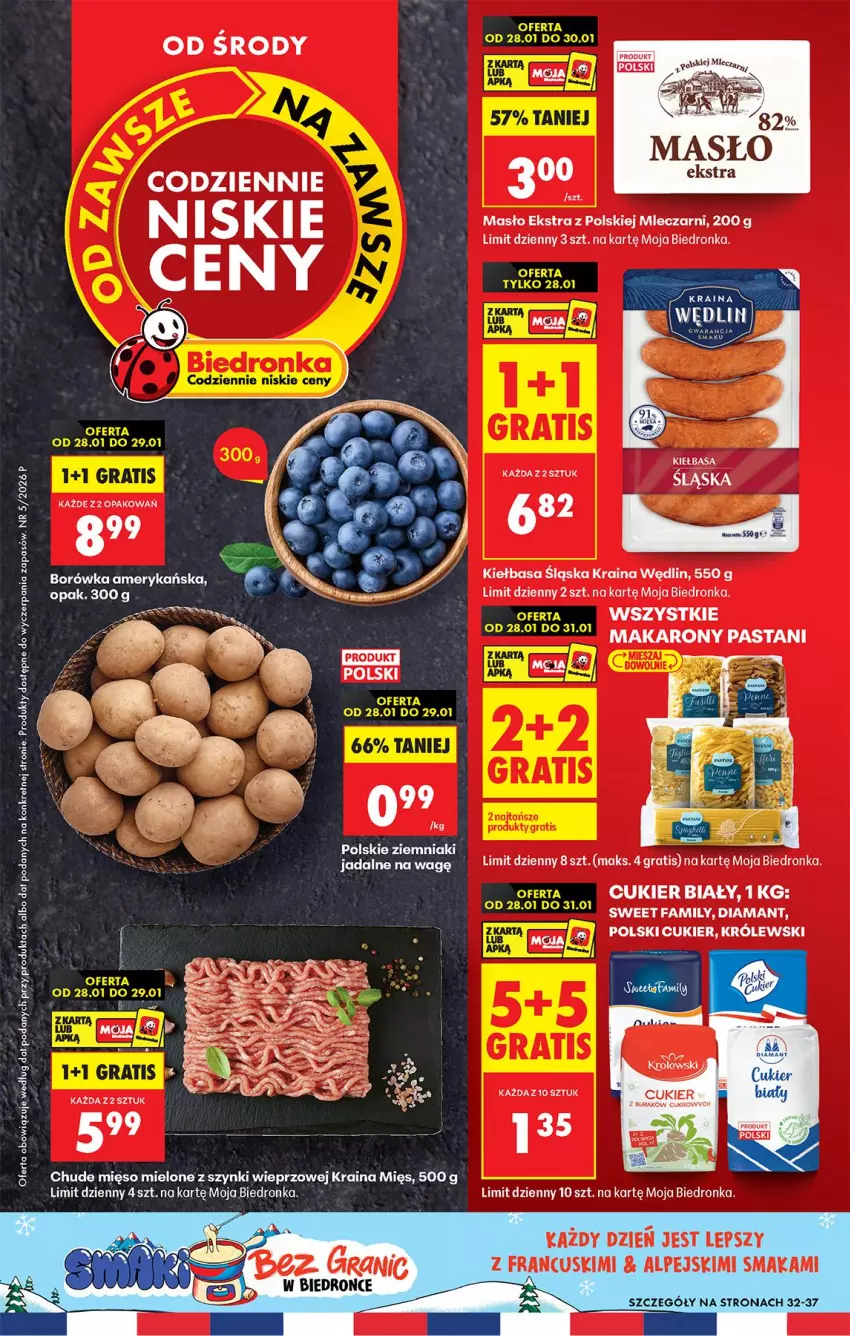 Gazetka promocyjna Biedronka - Gazetka - ważna 28.01 do 04.02.2026 - strona 1 - produkty: Cukier, Diamant, Fa, Gra, Kiełbasa, Kiełbasa śląska, Królewski, Makaron, Masło, Miecz, Mięso, Mięso mielone, Mięso mielone z szynki, Ziemniaki