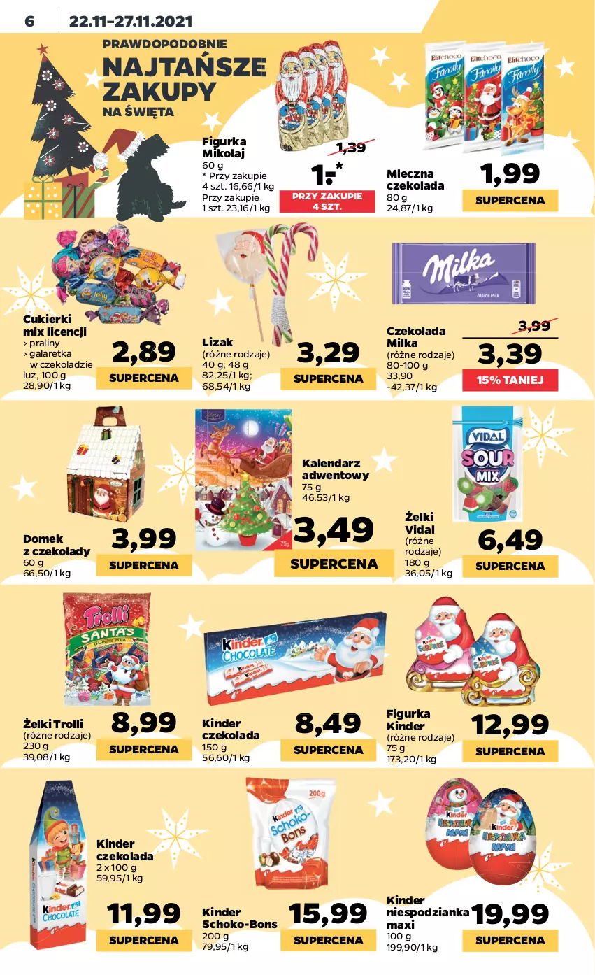 Gazetka promocyjna Netto - Gazetka spożywcza - ważna 22.11 do 27.11.2021 - strona 6 - produkty: Cukier, Cukierki, Czekolada, Gala, Galaretka, Kalendarz, Kalendarz adwentowy, Kinder, Milka, Praliny