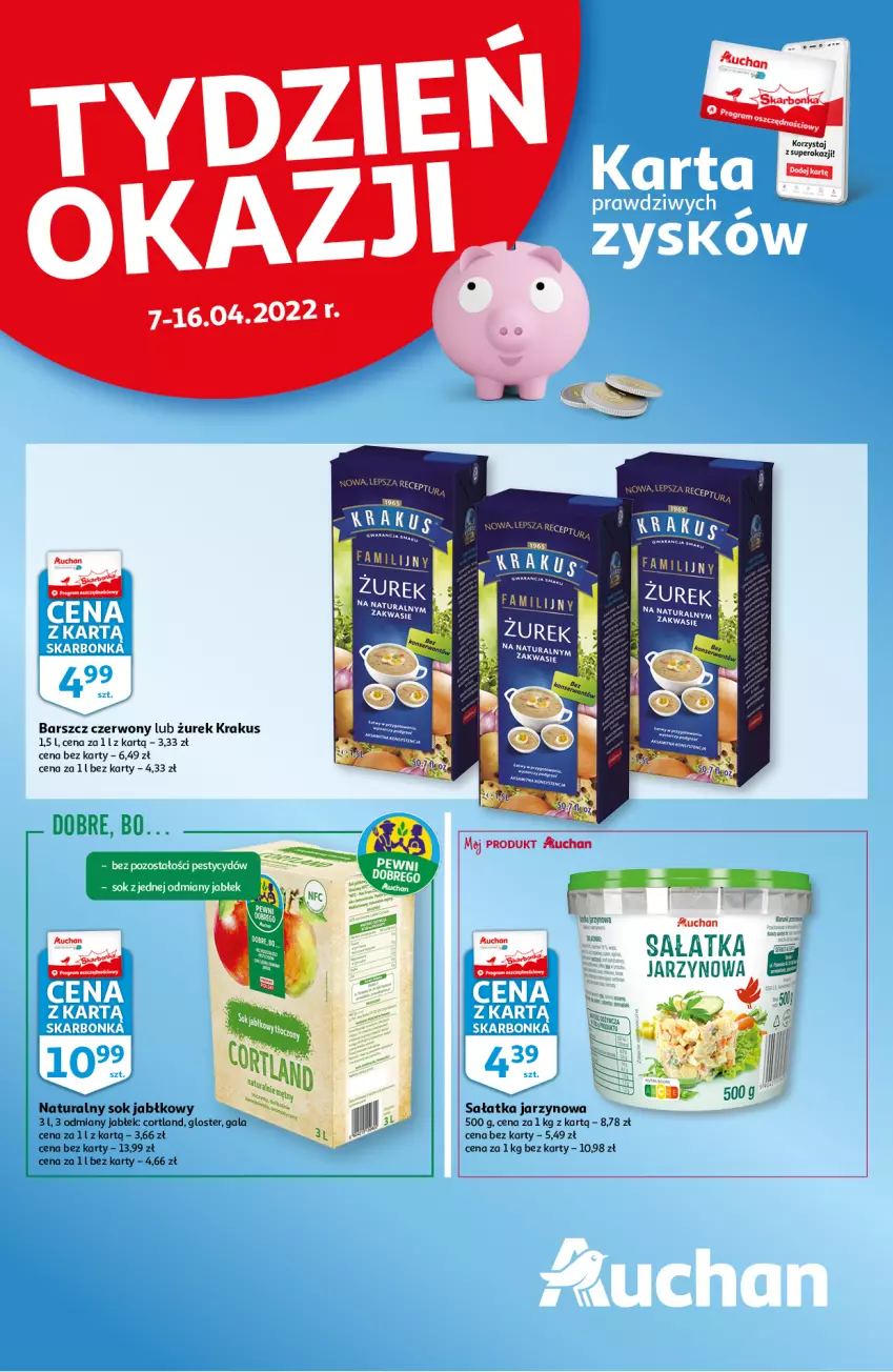 Gazetka promocyjna Auchan - Skarbonka #14 - ważna 07.04 do 16.04.2022 - strona 1 - produkty: Fa, Gala, Krakus, Sałat, Sałatka, Sok, Sok jabłkowy