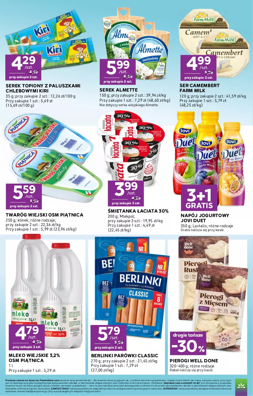 Gazetka promocyjna Stokrotka - Express - ważna 20.08 do 26.08.2026 - strona 4 - produkty: Almette, Berlinki, Camembert, Chleb, Fa, Farm Milk, Gra, Jogurt, Mięso, Mleko, Napój, Napój jogurtowy, Owoce, Parówki, Piątnica, Pierogi, Ser, Serek, Top, Twaróg, Warzywa