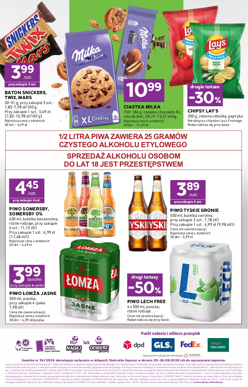 Gazetka promocyjna Stokrotka - Express - ważna 20.08 do 26.08.2026 - strona 6 - produkty: Baton, Chipsy, Chrupki, Ciastka, Gra, Ketchup, Lay’s, Mars, Mięso, Milka, O nas, Owoce, Papryka, Piwa, Piwo, Snickers, Somersby, Telefon, Twix, Tyskie, Wagi, Warzywa