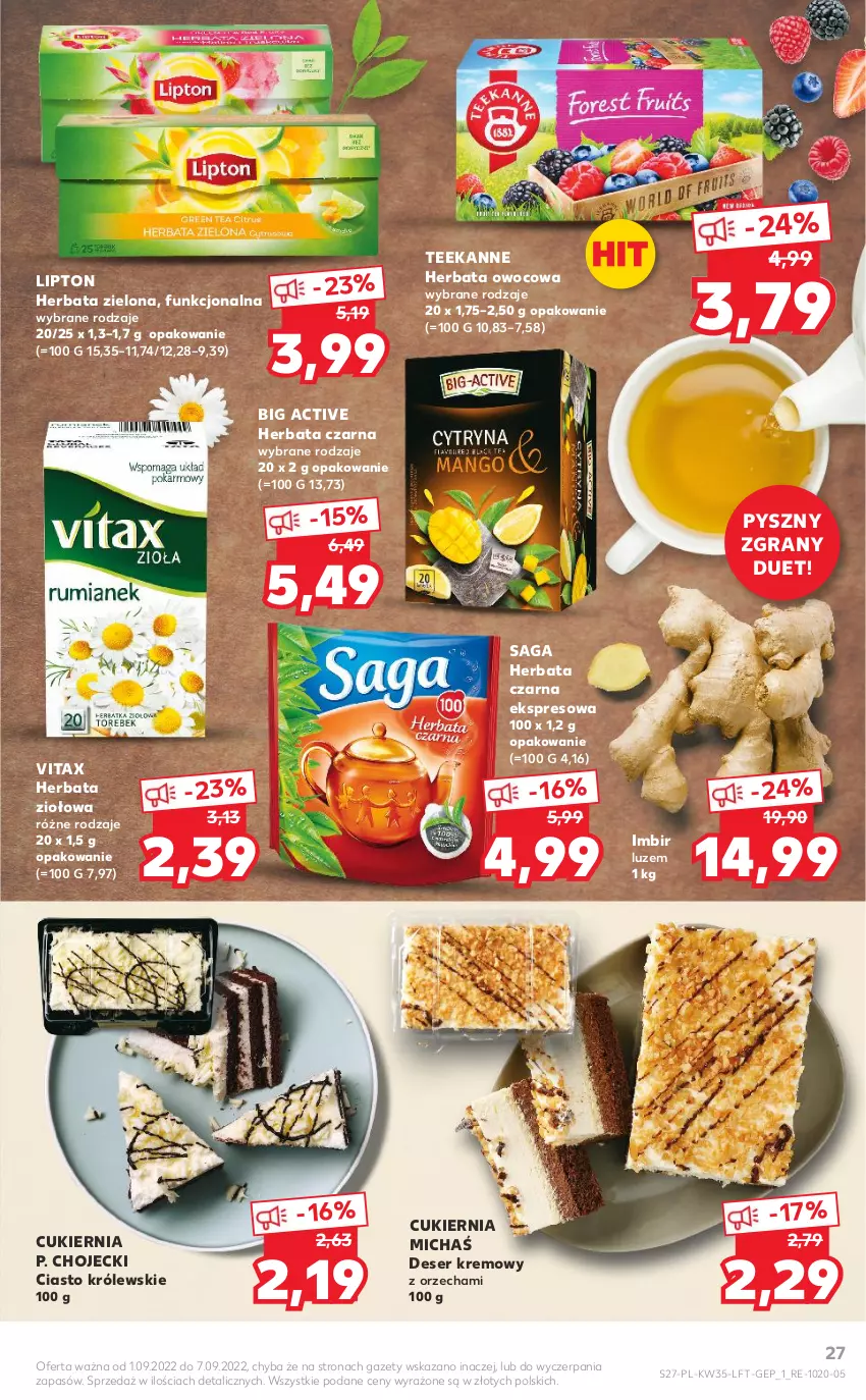 Gazetka promocyjna Kaufland - OFERTA TYGODNIA - ważna 01.09 do 07.09.2022 - strona 27 - produkty: Cukier, Deser, Gra, Herbata, Herbata czarna, Herbata owocowa, Imbir, Królewski, Lipton, Saga, Ser, Teekanne, Vitax