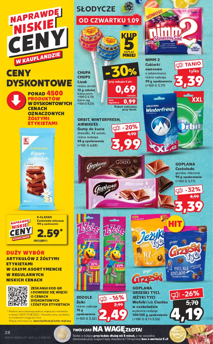 Gazetka promocyjna Kaufland - OFERTA TYGODNIA - ważna 01.09 do 07.09.2022 - strona 28 - produkty: Chupa Chups, Ciastka, Cukier, Cukierki, Czekolada, Czekolada gorzka, Goplana, Grześki, Jeżyki, LANA, Olej, Orbit, Waga