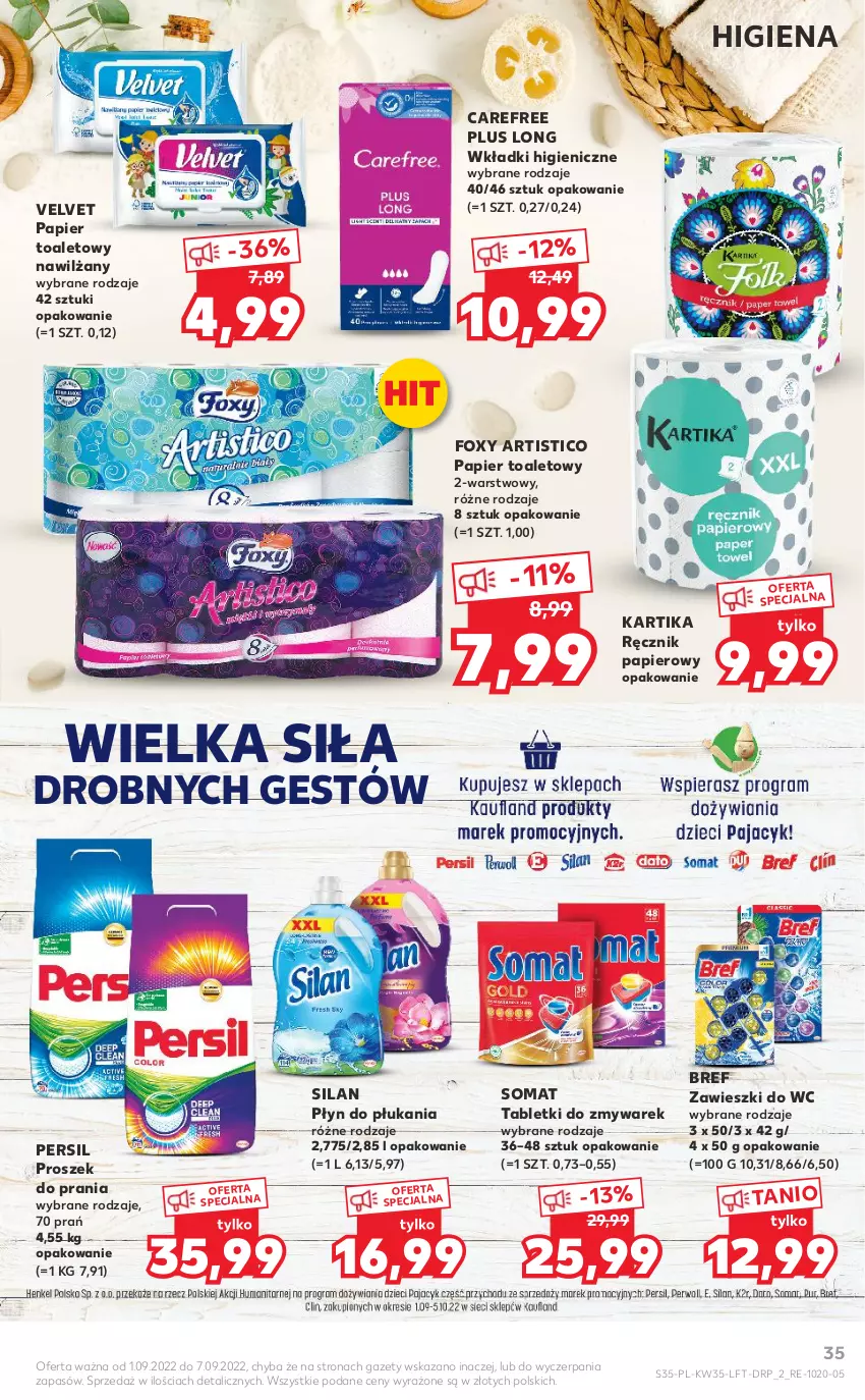 Gazetka promocyjna Kaufland - OFERTA TYGODNIA - ważna 01.09 do 07.09.2022 - strona 35 - produkty: Bref, Carefree, Foxy, Papier, Papier toaletowy, Persil, Płyn do płukania, Proszek do prania, Ręcznik, Silan, Somat, Tablet, Velvet, Wkładki, Zawieszki