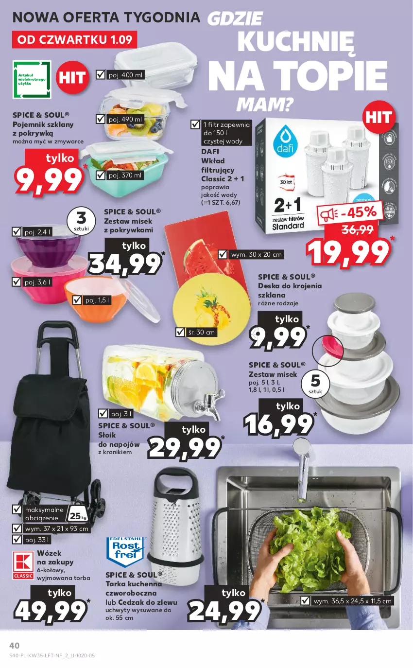 Gazetka promocyjna Kaufland - OFERTA TYGODNIA - ważna 01.09 do 07.09.2022 - strona 40 - produkty: Cedzak, Deska do krojenia, LANA, Pojemnik, Pojemnik szklany, Tarka, Top, Torba, Uchwyty, Wkład filtrujący, Wózek, Wózek na zakupy, Zlew