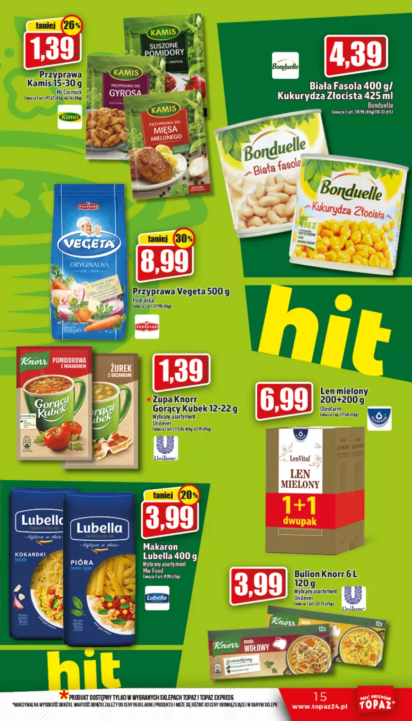 Gazetka promocyjna Topaz - Gazetka - ważna 27.10 do 02.11.2022 - strona 15 - produkty: Bell, Bella, Bonduelle, Bulion, Fa, Fasola, Gyros, Kamis, Knorr, Kukurydza, Lion, Lubella, Makaron, Podravka, Top