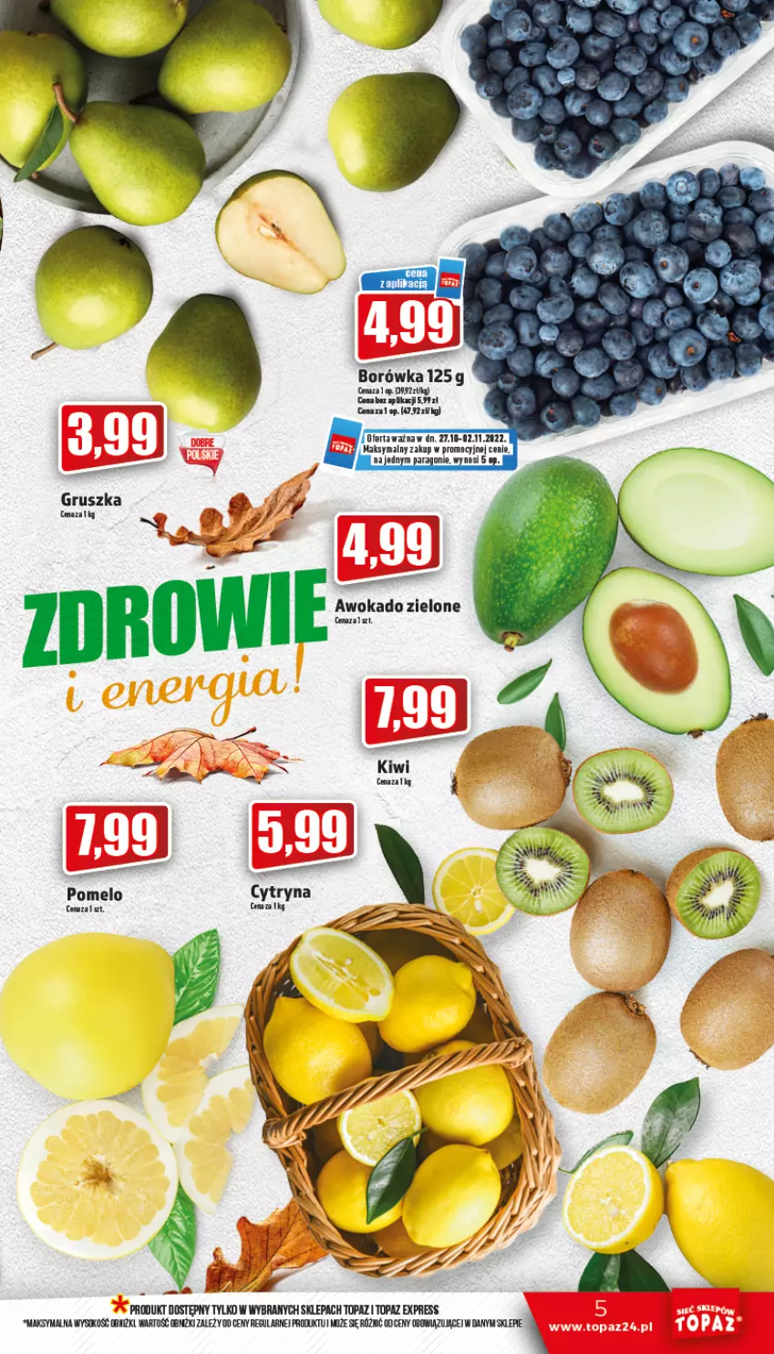 Gazetka promocyjna Topaz - Gazetka - ważna 27.10 do 02.11.2022 - strona 5 - produkty: Borówka, Pomelo, Sok, Top