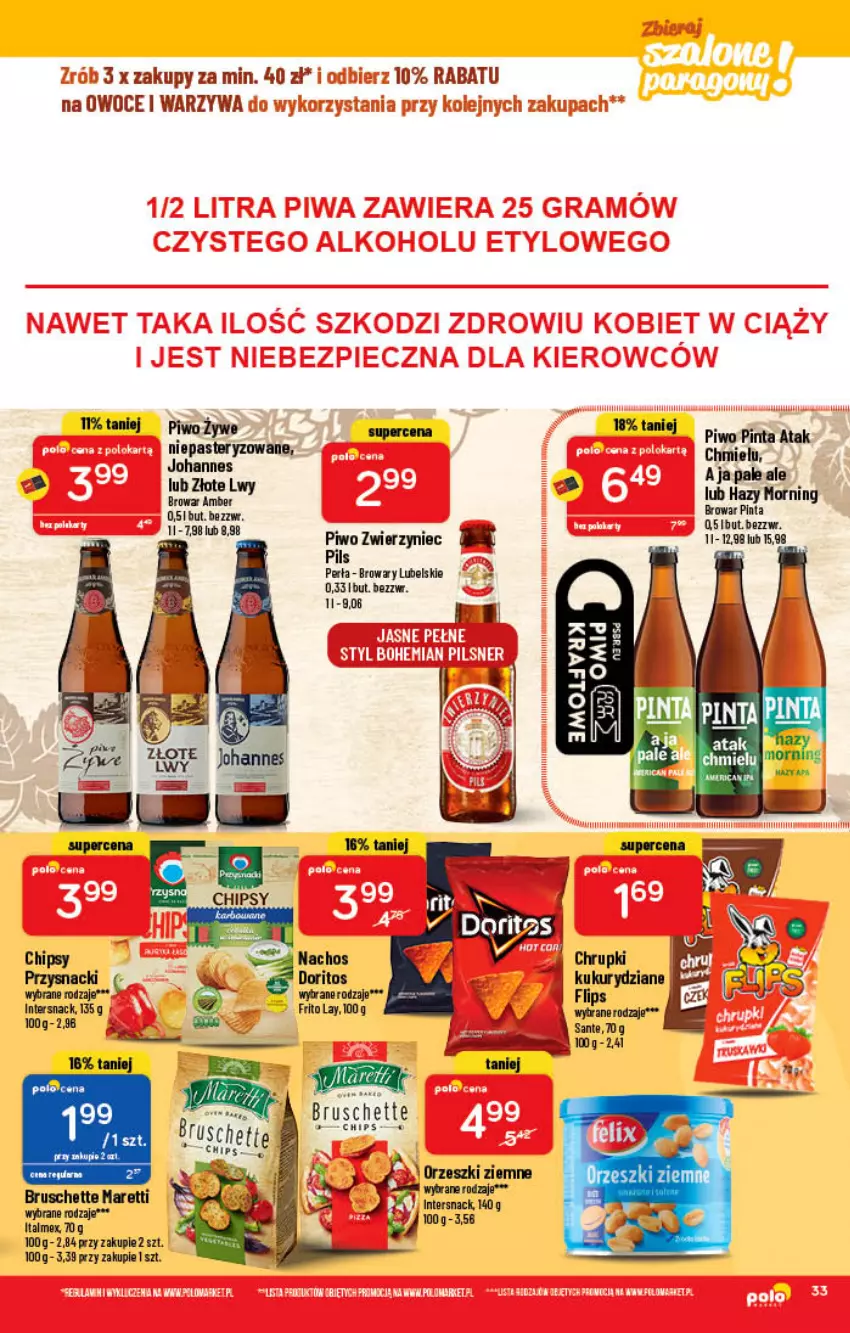 Gazetka promocyjna PoloMarket - Gazetka pomocyjna - ważna 02.03 do 08.03.2022 - strona 33 - produkty: Bruschette, Chipsy, Fa, LG, Orzeszki, Orzeszki ziemne, Owoce, Perła, Piwo, Przysnacki, Warzywa