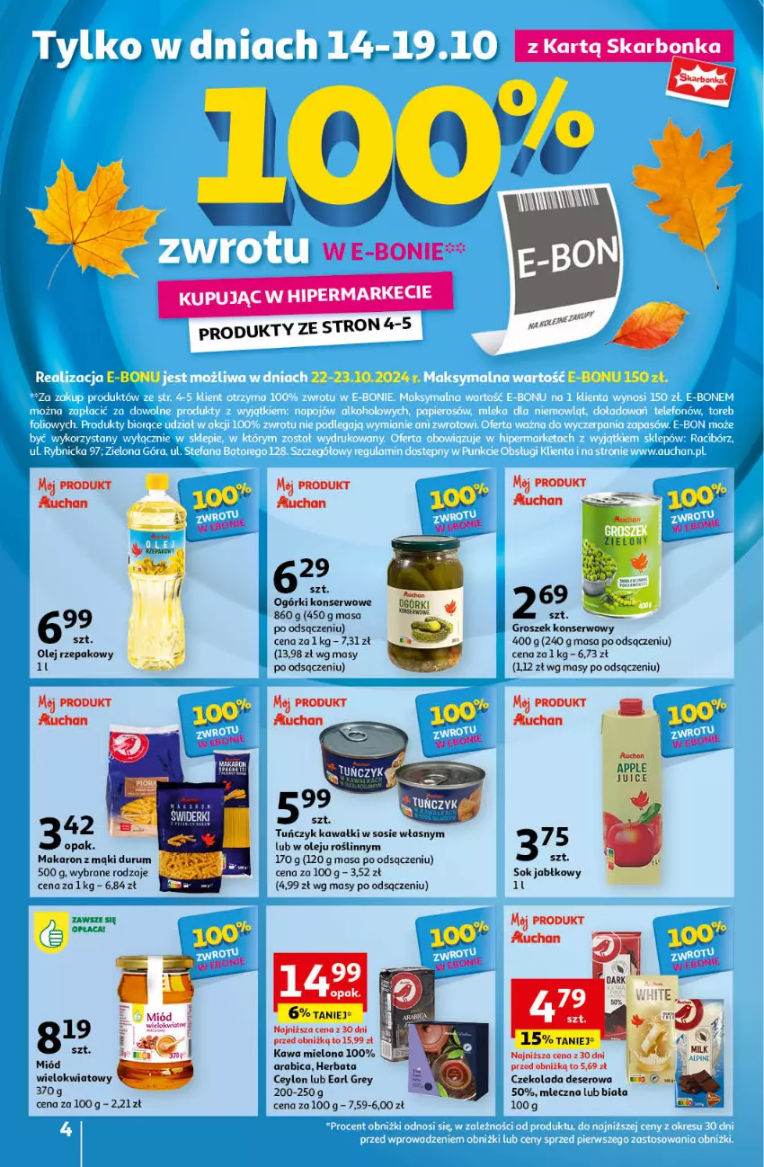 Gazetka promocyjna Auchan - Ulotka 100% zwrotu w e-bonie 14-19.10.2024 - ważna 14.10 do 19.10.2024 - strona 1 - produkty: BIC, Czekolada, Deser, Earl Grey, Groszek, Herbata, Kawa, Kawa mielona, Makaron, Miód, Ogórki konserwowe, Olej, Olej rzepakowy, Rum, Ser, Sok, Sok jabłkowy, Sos, Tuńczyk