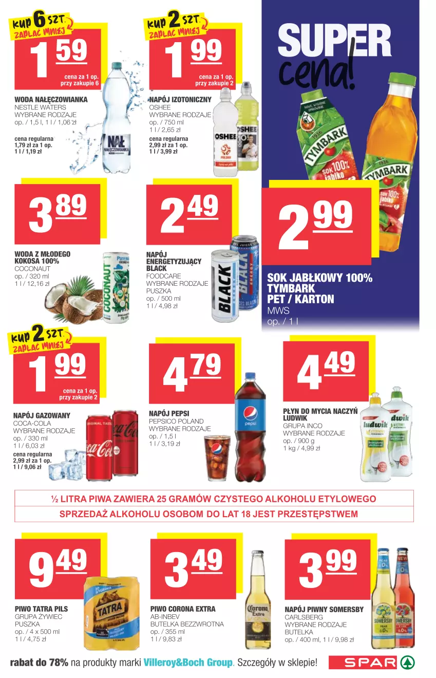 Gazetka promocyjna Spar - Spar - ważna 04.08 do 10.08.2021 - strona 7 - produkty: Blag, Carlsberg, Coca-Cola, Corona Extra, Do mycia naczyń, Kokos, Ludwik, Nałęczowianka, Napój, Napój gazowany, Oshee, Pepsi, Piwo, Płyn do mycia, Płyn do mycia naczyń, Somersby, Tatra, Woda