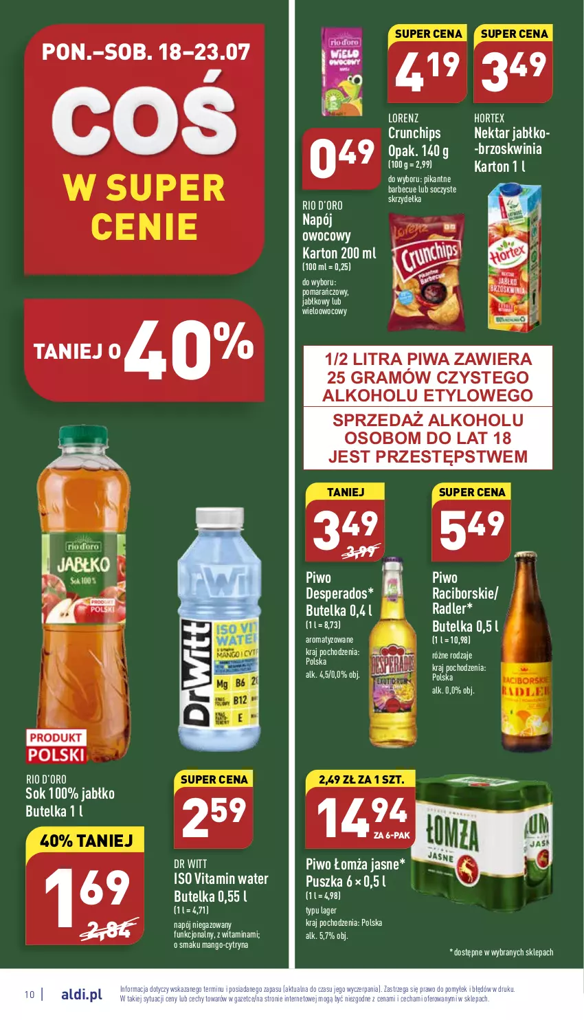 Gazetka promocyjna Aldi - Katalog spożywczy - ważna 18.07 do 23.07.2022 - strona 10 - produkty: Crunchips, Desperados, Gra, Hortex, Lorenz, Mango, Napój, Napój niegazowany, Nektar, Piwa, Piwo, Radler, Sok