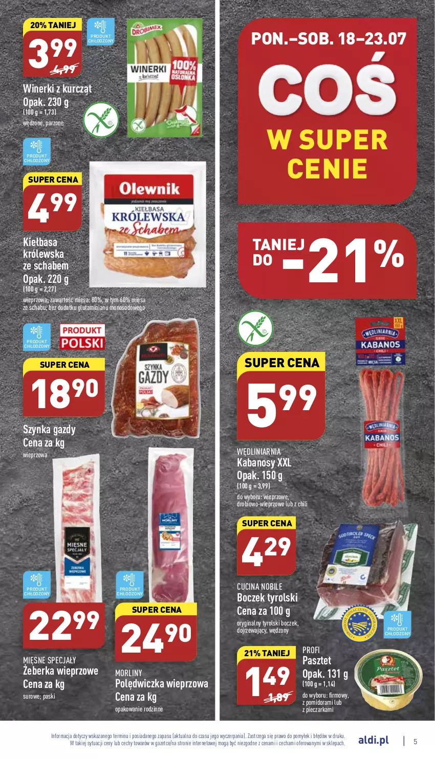 Gazetka promocyjna Aldi - Katalog spożywczy - ważna 18.07 do 23.07.2022 - strona 5 - produkty: Boczek, Gin, Kabanos, Kiełbasa, Mięsne specjały, Morliny, Pasztet, Piec, Pieczarka, Polędwiczka wieprzowa, Szynka