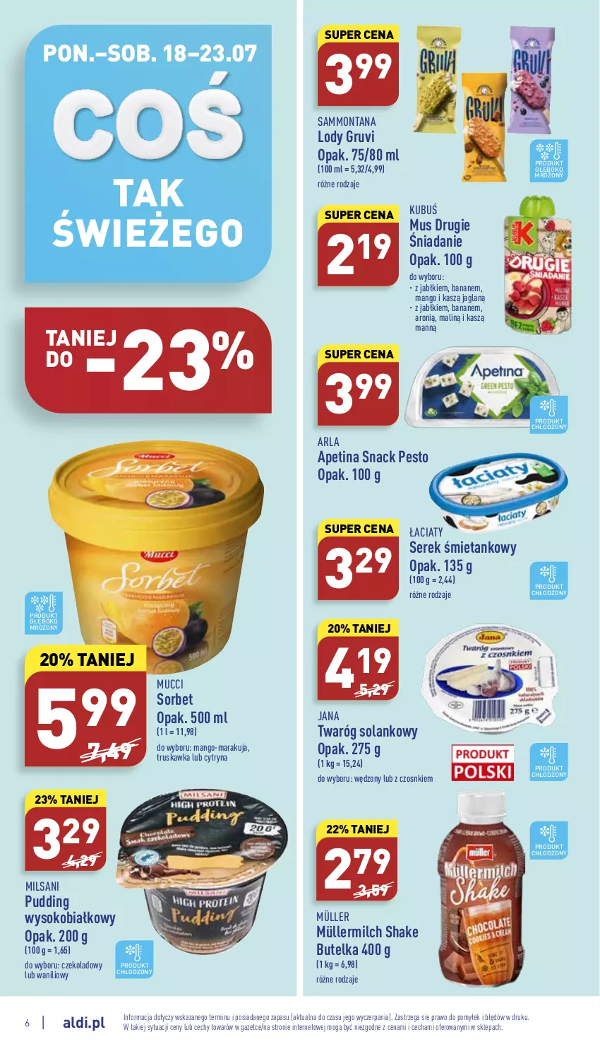 Gazetka promocyjna Aldi - Katalog spożywczy - ważna 18.07 do 23.07.2022 - strona 6 - produkty: Kubuś, Lody, Mango, Müller, Müllermilch, Mus, Pesto, Pudding, Ser, Serek, Sok, Solan, Twaróg