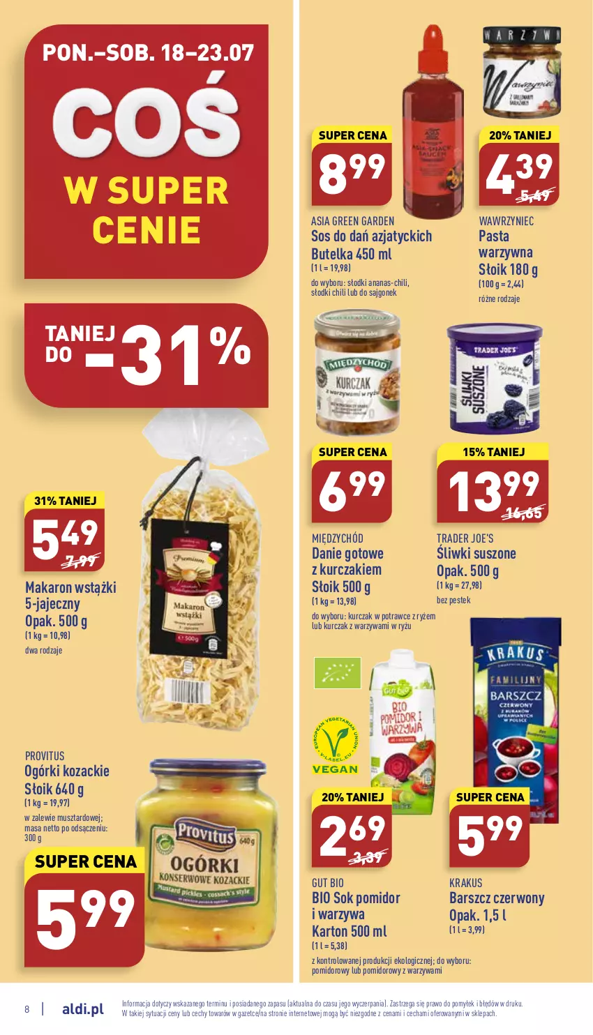 Gazetka promocyjna Aldi - Katalog spożywczy - ważna 18.07 do 23.07.2022 - strona 8 - produkty: Ananas, Danie gotowe, Krakus, Kurczak, Makaron, Mus, Pasta warzywna, Ryż, Sok, Sos, Stek, Warzywa