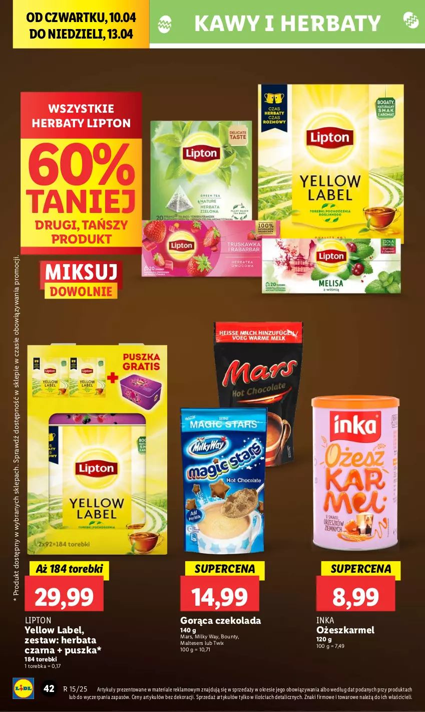 Gazetka promocyjna Lidl - GAZETKA - ważna 09.04 do 13.04.2025 - strona 44 - produkty: Bounty, Czekolada, Herbata, Herbata czarna, Inka, Lipton, Mars, Milky Way, Ser, Torebka, Twix