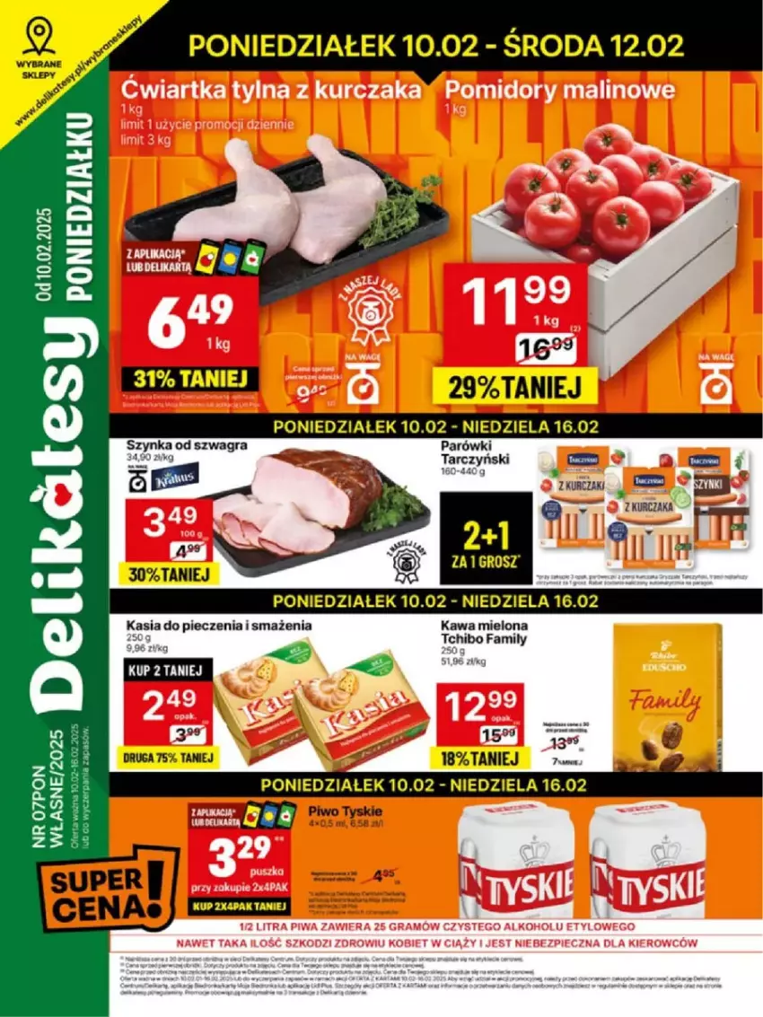 Gazetka promocyjna Delikatesy Centrum - ważna 10.02 do 16.02.2025 - strona 1 - produkty: Fa, Gra, Kasia, Kawa, Kawa mielona, Kurczak, Parówki, Piec, Tarczyński