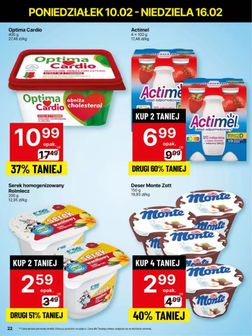 Gazetka promocyjna Delikatesy Centrum - ważna 10.02 do 16.02.2025 - strona 15 - produkty: Actimel, Deser, Miecz, Monte, Optima, Optima Cardio, Ser, Serek, Serek homogenizowany, Zott