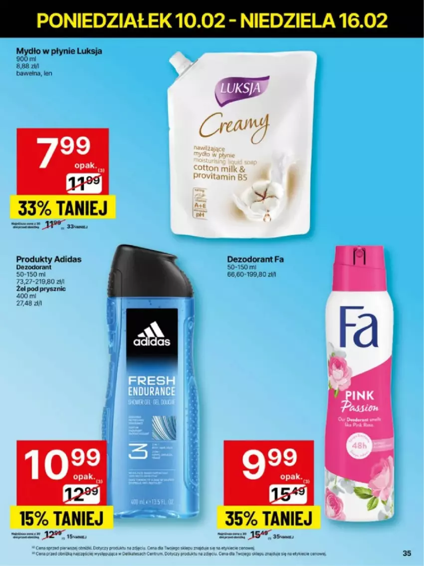 Gazetka promocyjna Delikatesy Centrum - ważna 10.02 do 16.02.2025 - strona 29 - produkty: Adidas, Dezodorant, Fa, Luksja, Mydło, Mydło w płynie, Wełna