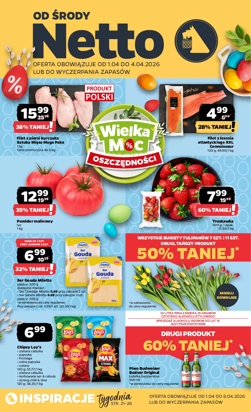 Gazetka promocyjna Netto - Od Środy - ważna 01.04 do 04.04.2026 - strona 1 - produkty: Bukiet, Cebula, Cheddar, Chipsy, Filet z piersi kurczaka, Gin, Gouda, Gra, Kurczak, Lay’s, Papryka, Piwa, Piwo, Pomidor malinowy, Salami, Ser, Ser salami, Sos, Tulipan