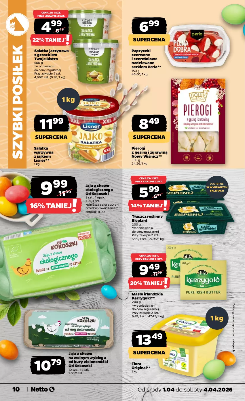 Gazetka promocyjna Netto - Od Środy - ważna 01.04 do 04.04.2026 - strona 10 - produkty: Flora, Gin, Jaja, Kokos, Kosz, Lisner, Masło, Pierogi, Sałat, Sałatka, Sałatka warzywna, Ser, Tłuszcz roślinny