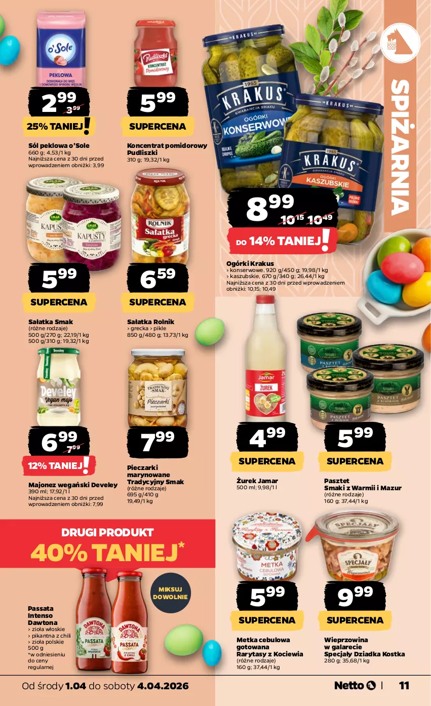 Gazetka promocyjna Netto - Od Środy - ważna 01.04 do 04.04.2026 - strona 11 - produkty: Dawtona, Gala, Koc, Koncentrat pomidorowy, Krakus, Majonez, Pasztet, Piec, Pudliszki, Rolnik, Sałat, Sałatka, Ser, Sól, Wieprzowina