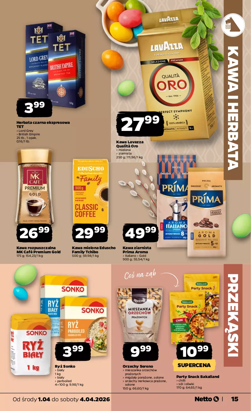 Gazetka promocyjna Netto - Od Środy - ważna 01.04 do 04.04.2026 - strona 15 - produkty: Bakalland, Brit, Fa, Herbata, Herbata czarna, Kawa, Kawa mielona, Kawa rozpuszczalna, Kawa ziarnista, Lavazza, Migdały, Oliwki, Por, Prima, Ryż, Ser, Sól, Sonko, Tchibo