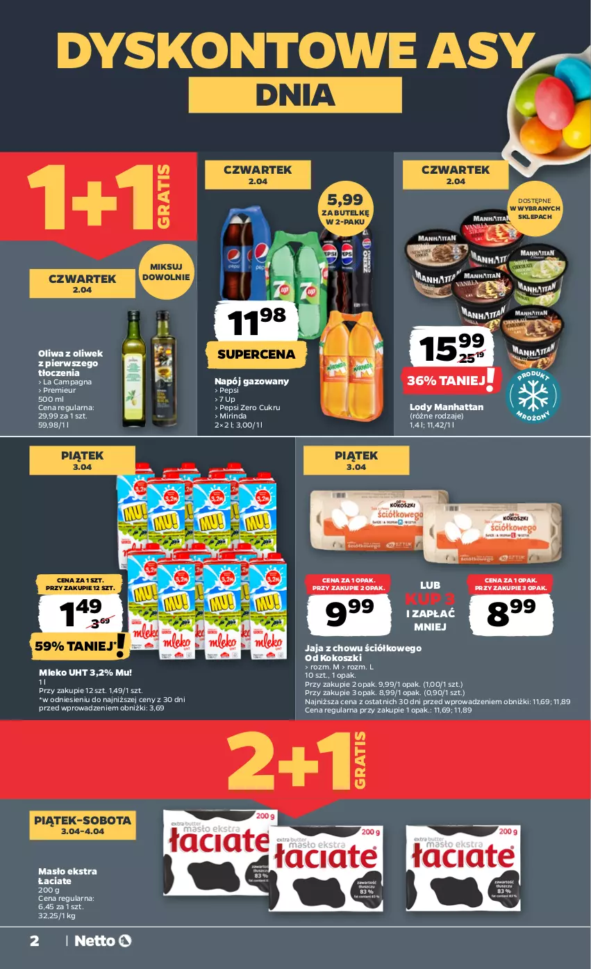 Gazetka promocyjna Netto - Od Środy - ważna 01.04 do 04.04.2026 - strona 2 - produkty: Gra, Jaja, Kokos, Kosz, Lody, Masło, Mirinda, Mleko, Napój, Napój gazowany, Oliwa, Oliwa z oliwek, Pepsi