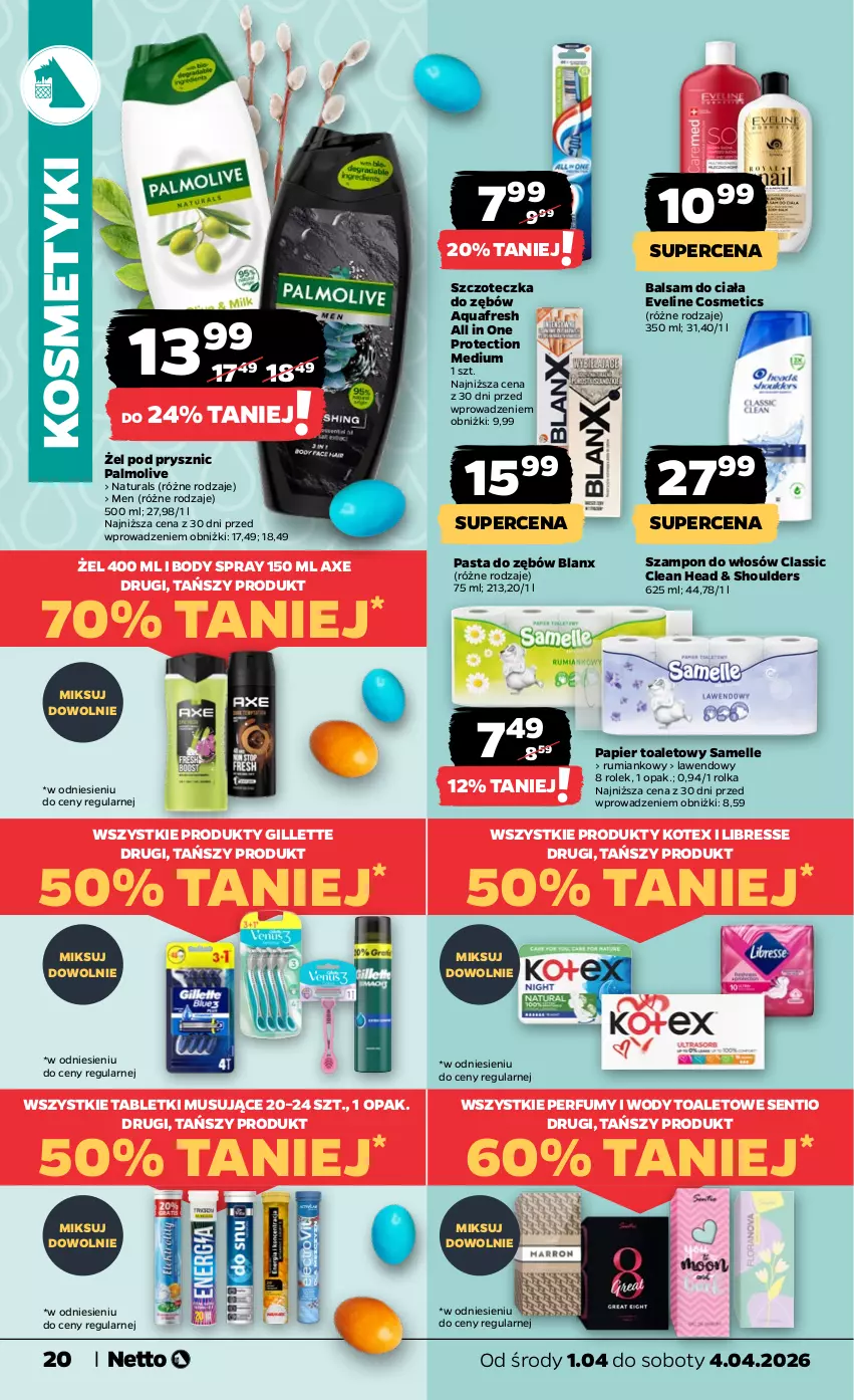 Gazetka promocyjna Netto - Od Środy - ważna 01.04 do 04.04.2026 - strona 20 - produkty: Aquafresh, Balsam do ciała, Body, Eveline, Gillette, Mus, Palmolive, Papier, Papier toaletowy, Pasta do zębów, Perfum, Rum, Szampon, Szczoteczka, Szczoteczka do zębów, Tablet, Tabletki musujące