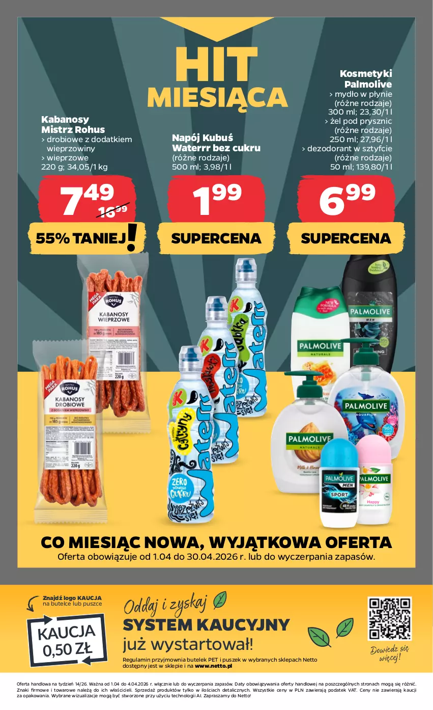 Gazetka promocyjna Netto - Od Środy - ważna 01.04 do 04.04.2026 - strona 24 - produkty: Dezodorant, Kabanos, Kubuś, Kubuś Waterrr, Mydło, Mydło w płynie, Napój, Palmolive