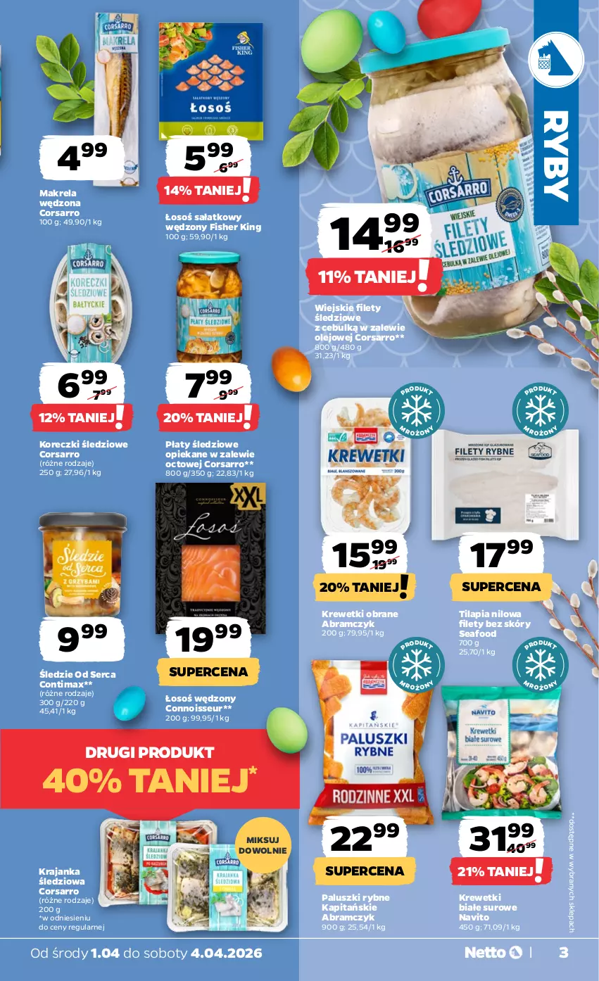 Gazetka promocyjna Netto - Od Środy - ważna 01.04 do 04.04.2026 - strona 3 - produkty: Koreczki śledziowe, Krajanka śledziowa, Krewetki, Olej, Paluszki rybne, Płaty śledziowe, Sałat, Ser, Tilapia