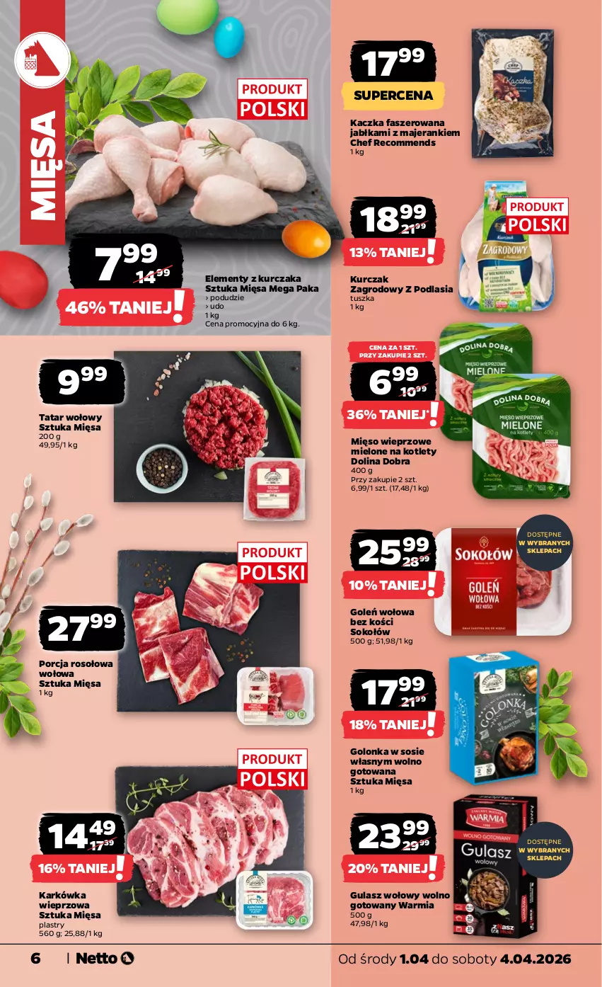 Gazetka promocyjna Netto - Od Środy - ważna 01.04 do 04.04.2026 - strona 6 - produkty: Fa, Gulasz wołowy, Jabłka, Kaczka, Kaczka faszerowana, Karkówka wieprzowa, Kotlet, Kurczak, Mięso, Mięso wieprzowe, Por, Sok, Sokołów, Sos, Tatar wołowy, Tusz