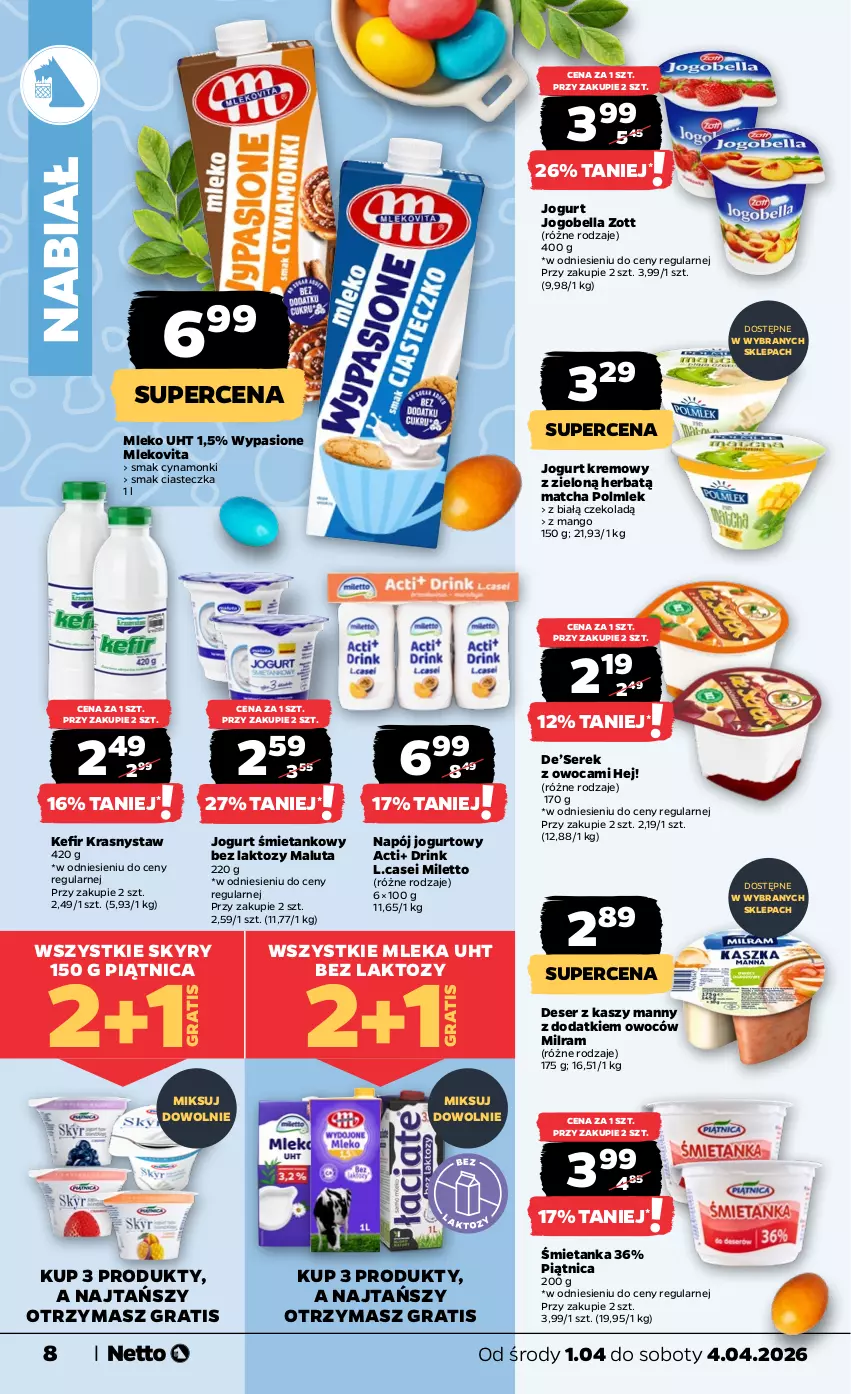 Gazetka promocyjna Netto - Od Środy - ważna 01.04 do 04.04.2026 - strona 8 - produkty: Bell, Bella, Deser, Gra, Jogobella, Jogurt, Kefir, Mango, Mleko, Mlekovita, Napój, Napój jogurtowy, Piątnica, POLMLEK, Ser, Serek, Zott