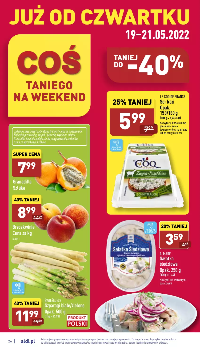 Gazetka promocyjna Aldi - Katalog spożywczy - ważna 16.05 do 21.05.2022 - strona 26 - produkty: Brzoskwinie, Gala, Gra, Granadilla, Sałat, Sałatka, Ser, Ser kozi, Serek, Serek twarogowy, Sok